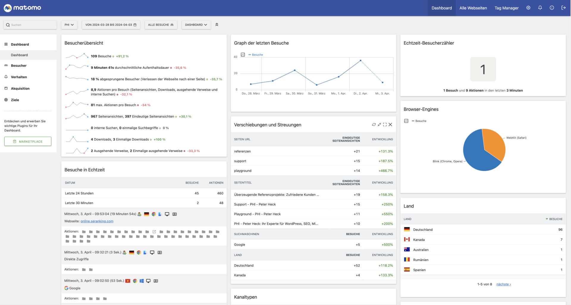Webanalyse-Dashboard mit Besucherstatistiken und Echtzeitdaten.